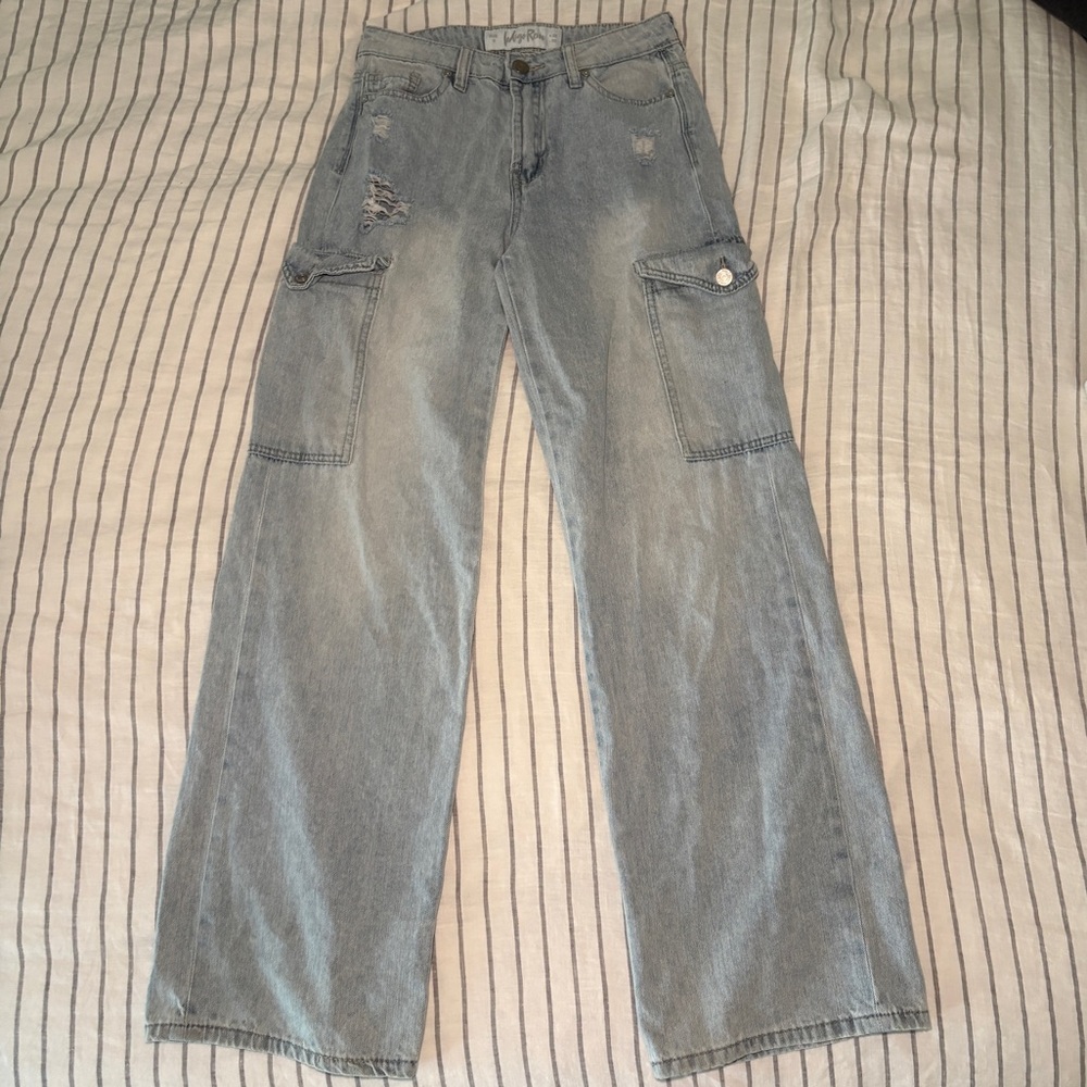 Cargo Wide Leg Jeans W25 L32 Light Wash Distressed y2k Denim